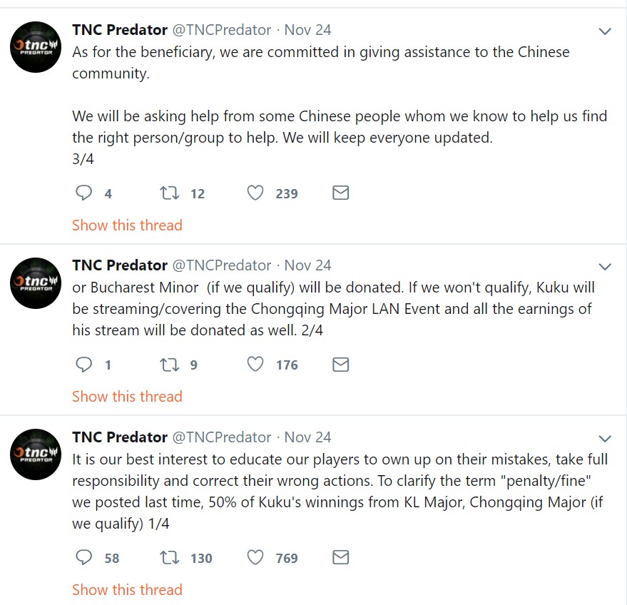 DOTA2辱华选手战队发声明 将捐赠奖金给中国社区