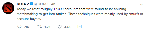 打击捕鱼和买号行为 V社已重置1.7万个DOTA2天梯账号