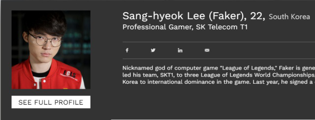 《LOL》Faker入选福布斯名人榜