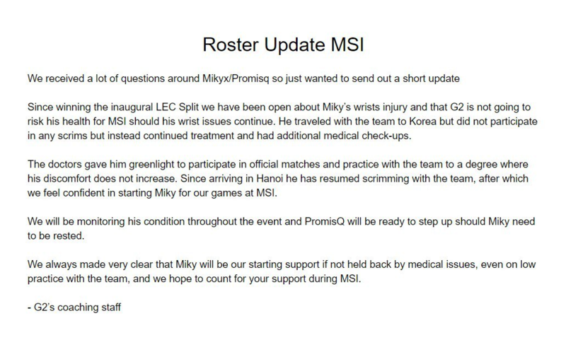 G2辅助Mikyx带伤上阵担任首发