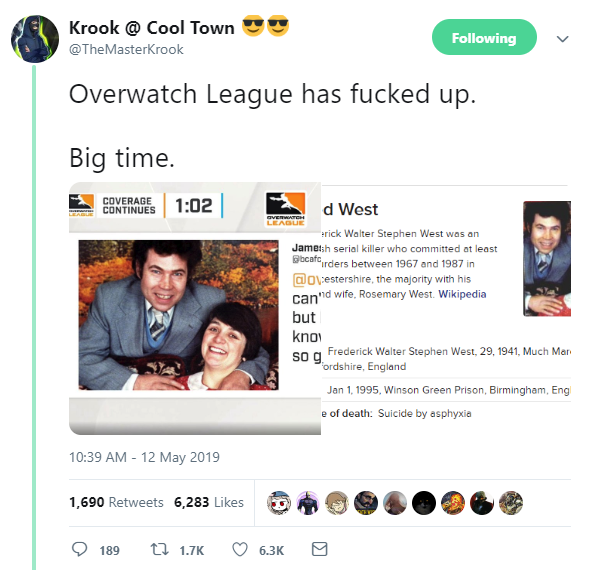 《守望先锋》联赛直播失误 刊登连续杀人犯照片