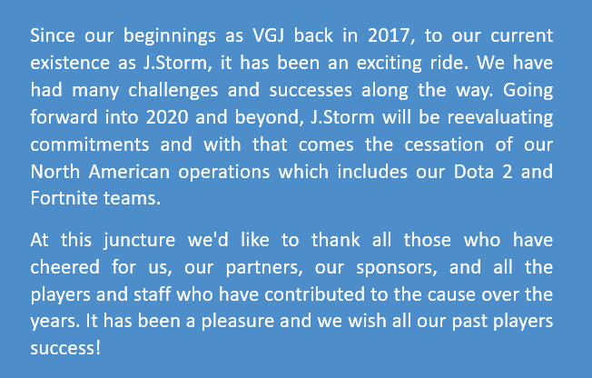 J.Storm战队宣布停止《DOTA 2》业务 林书豪为创始人