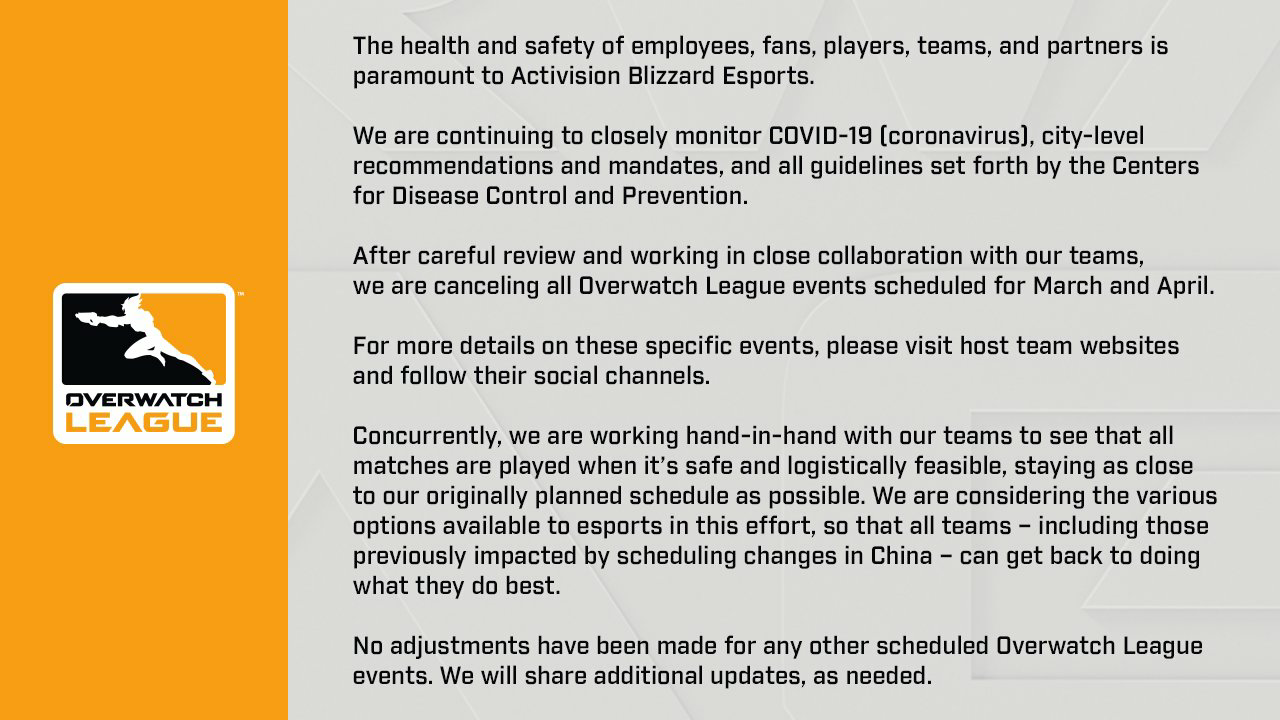 《守望先锋》联赛宣布取消3~4月线下活动 赛事改为直播