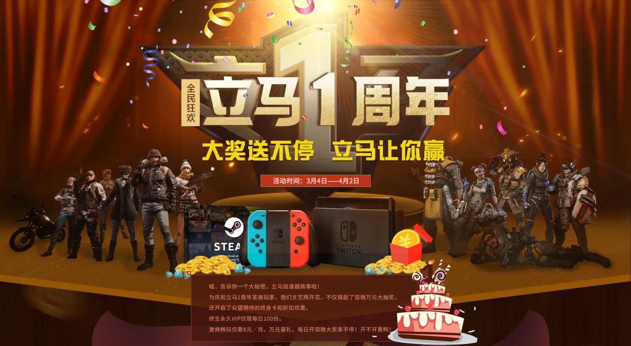立马加速器周年庆，每周福利，免费年卡、Switch大放送！