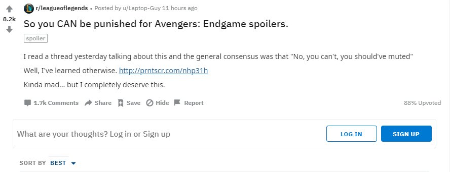 叫你再剧透！ 一名《LOL》玩家因剧透《复联》被封号