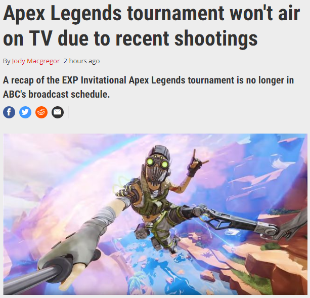 因枪击事件 美国电视台中止转播《Apex英雄》比赛