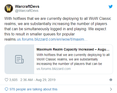 《魔兽世界》怀旧服提高服务器人数上限 减轻排队压力