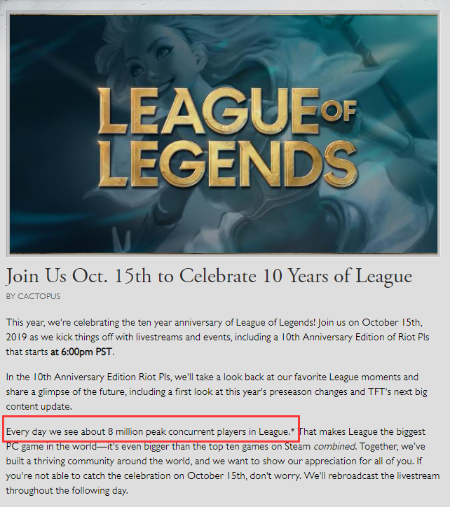 比Steam前十游戏总和还高《LOL》并发玩家数达800万
