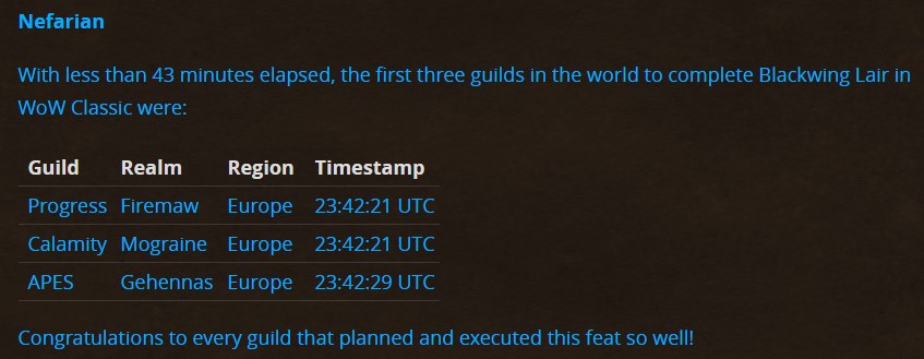 没能活到中午 《魔兽世界》怀旧服黑翼之巢团本42分钟被攻破