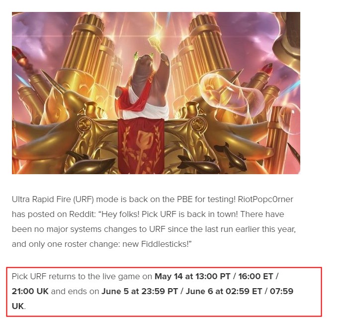 《英雄联盟》外服测试服显示无限火力5月14日回归