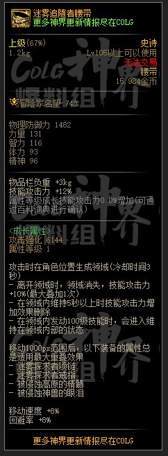 DNF迷雾追随者腰带属性一览