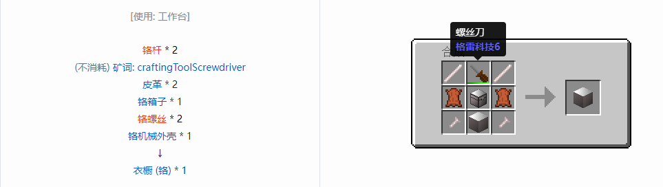我的世界格雷科技6衣橱合成表大全