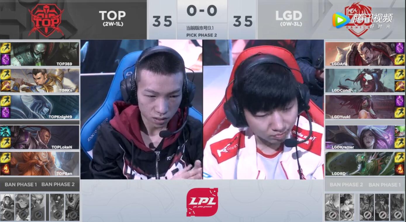 2019LPL春季赛常规赛1月29日LGD VS TOP第三周比赛