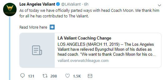 《守望先锋》洛杉矶英勇队主教练Moon被解雇