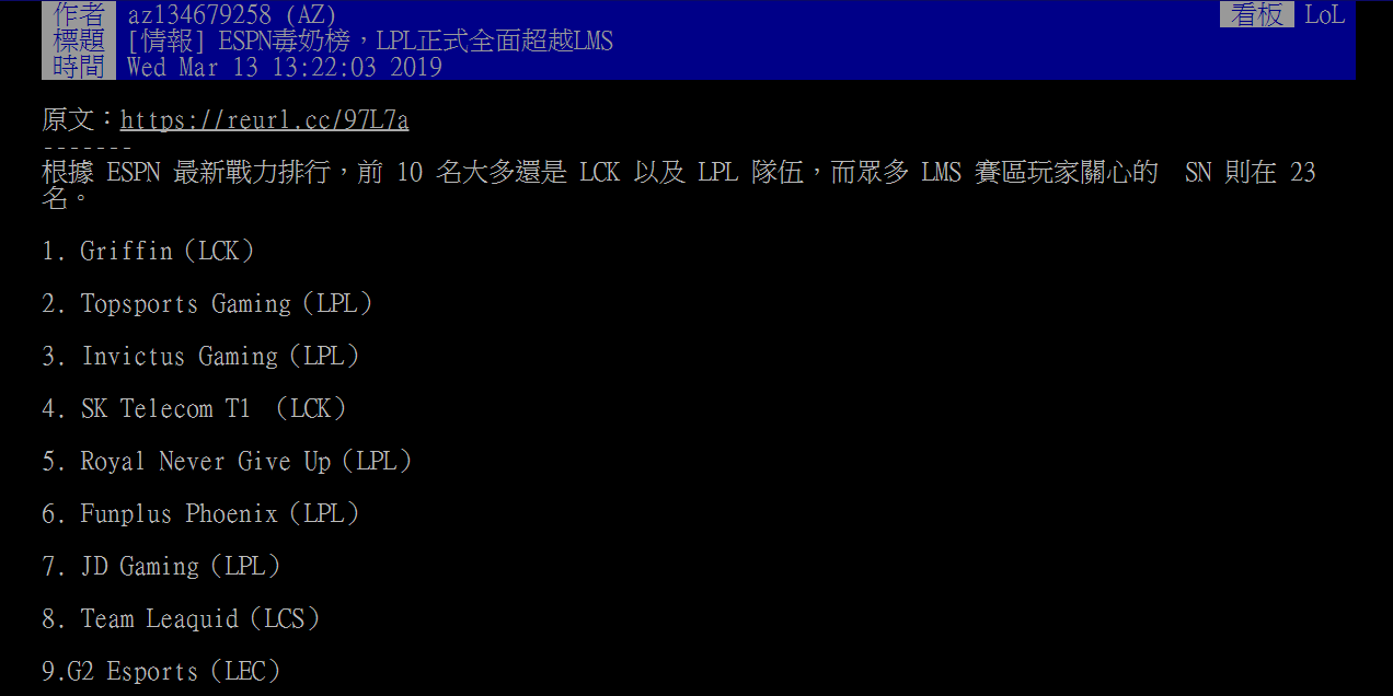 LMS网友谈ESPN战力榜：什么时候奶死TOP？