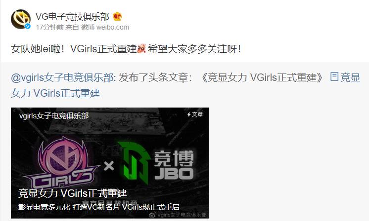 《LOL》VG宣布女队VGirls重建 开始招募选手