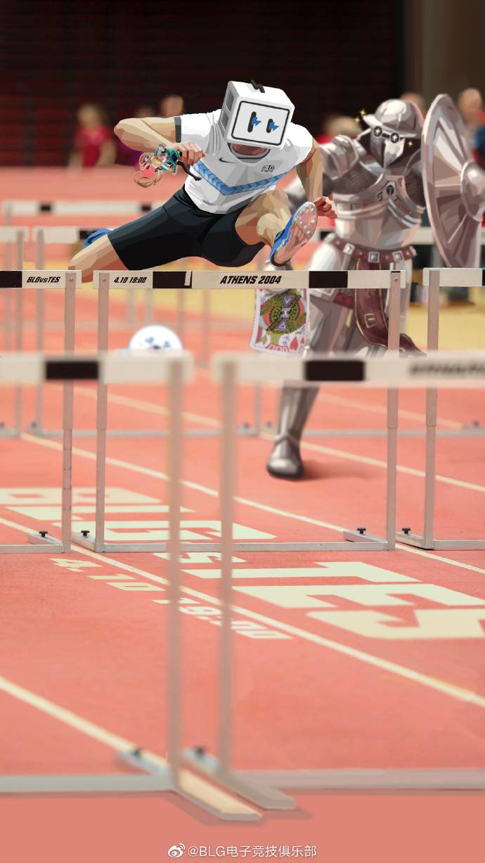 《LOL》BLG赛前海报：起跨，腾空过栏，小电视下栏着地动作正在进行中