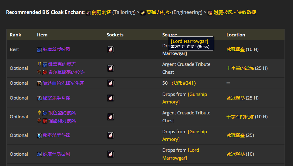 魔兽世界wlkP4敏锐贼BIS装备宝石附魔推荐