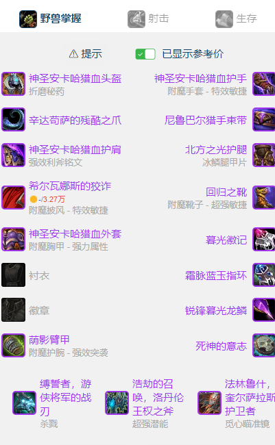 魔兽世界wlkP5兽王猎BIS装备宝石附魔推荐