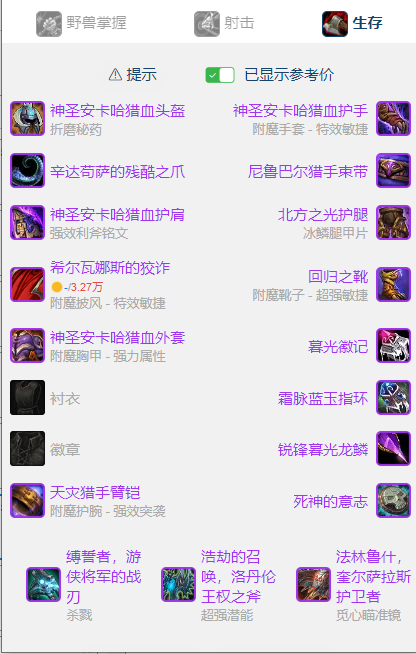 魔兽世界wlkP5生存猎BIS装备宝石附魔推荐